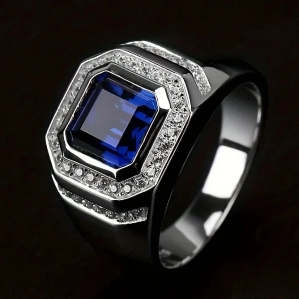 Stainless Steel Blue Gemstone Crystal Ring Men's